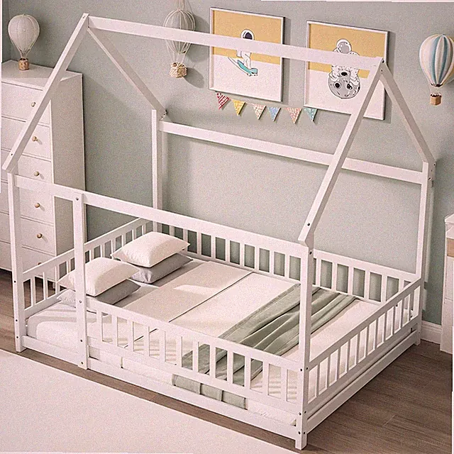 Full Size Kids Floor Bed with Roof Frame & Safety Guardrails, White