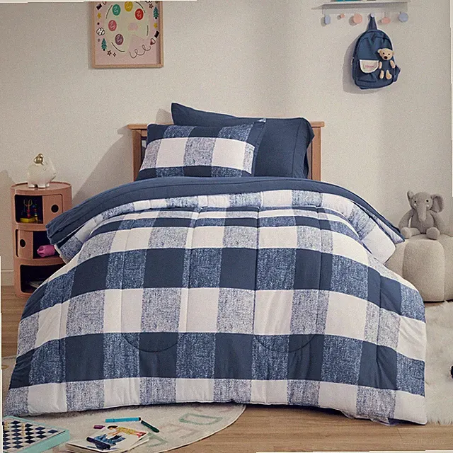SLEEP ZONE Kids Comforter Set Twin Size, Jersey Knit 5 Pieces Twin, Blue Grid