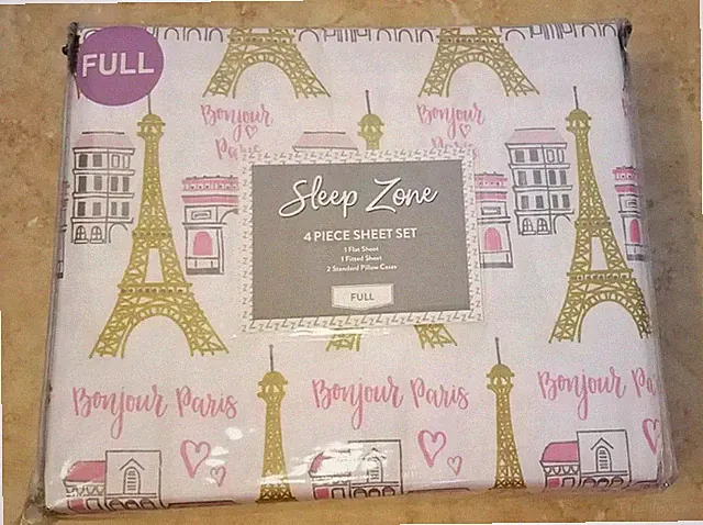 Sleep Zone Kids Full Bed Sheet Set 4pc Bonjour Paris White Pink Gold Girls NEW