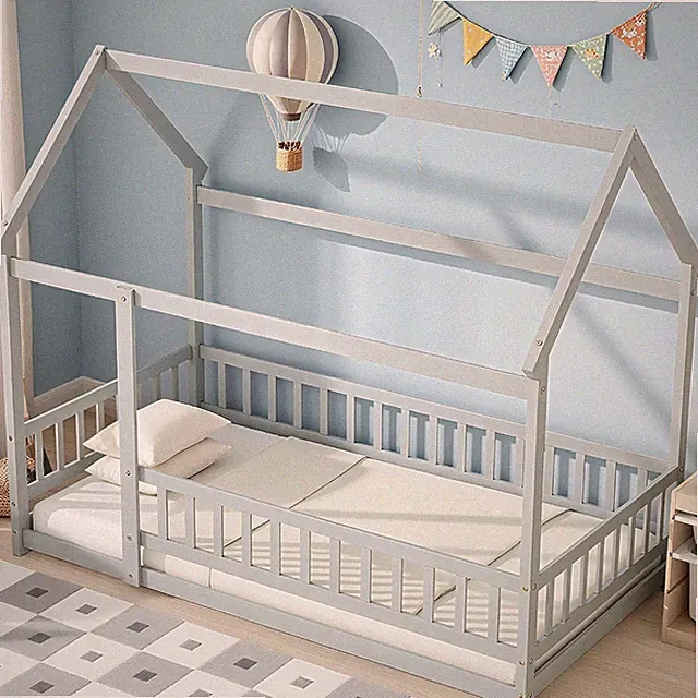 Twin House Bed Frame for Kids with Roof, Guardrails, Grey